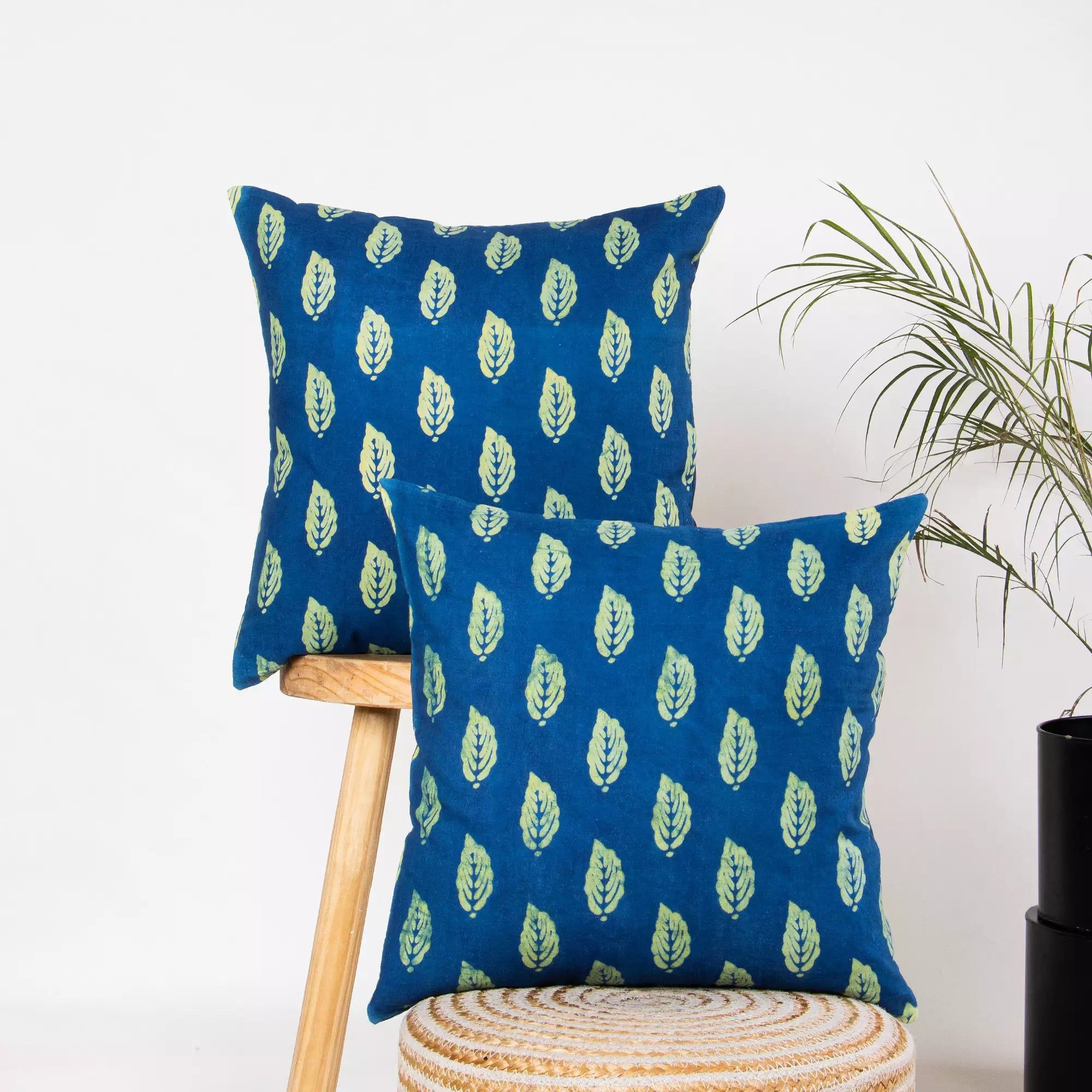 Indigo Green Cotton Leaf Block Print Cushion Covers